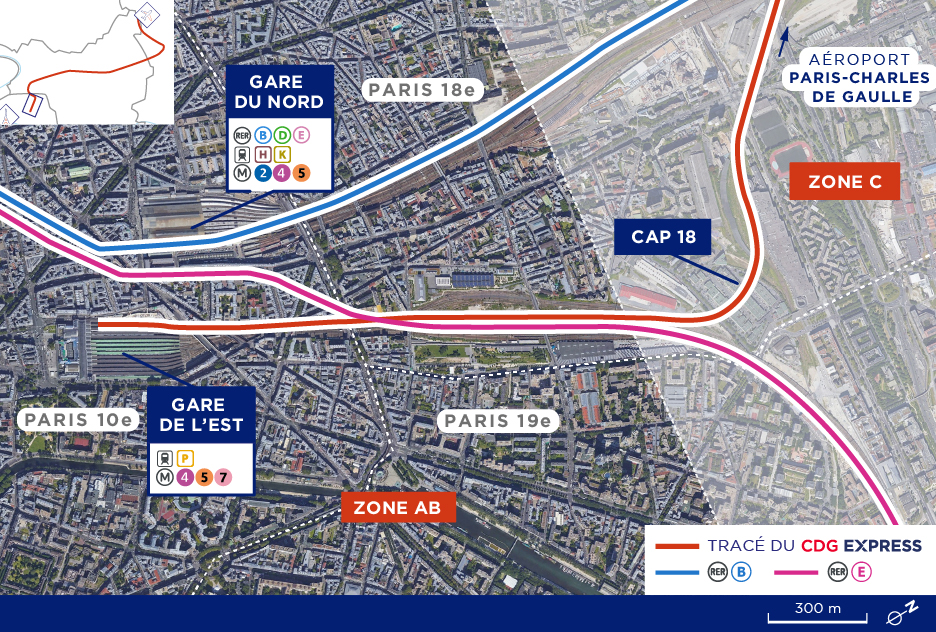 Zone AB du tracé du CDG Express allant de la Gare de Paris-Est à l'entrée de Cap 18 en périphérie de Paris.